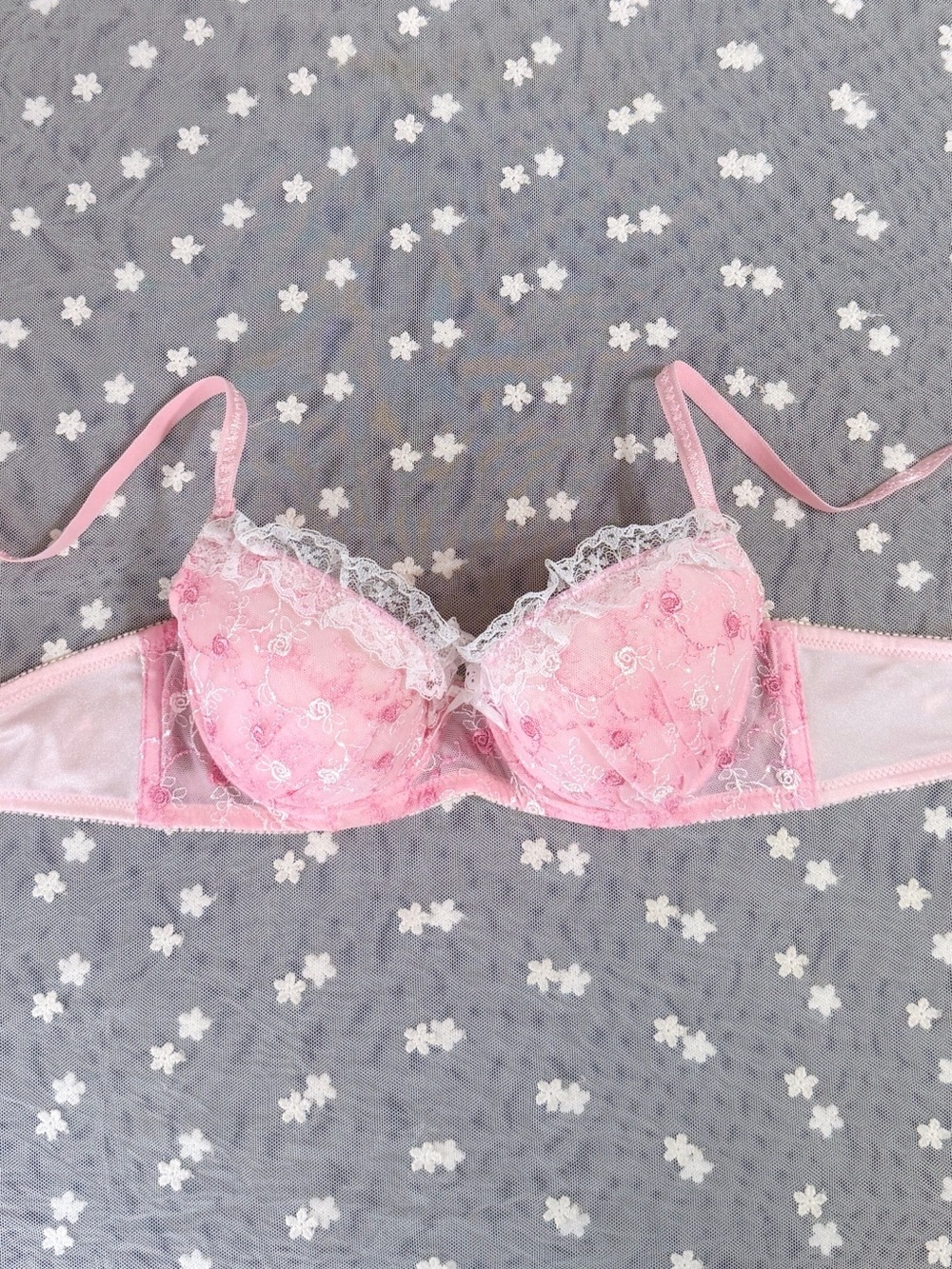 US-34B/JP-C75 Japanese Brand Cute Floral Rose Embroidery Push Up Bra Girls Pink
